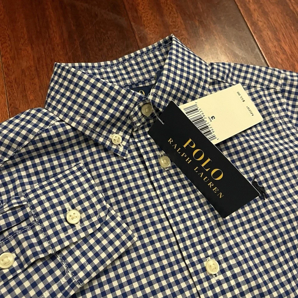 Polo Ralph Lauren Shirt Kids 3T Blue White Gingham Button Down Natural Stretch